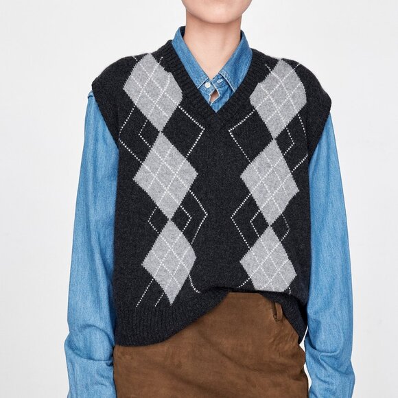 CHICJOC Luxury 100% Cashmere Argyle Sweater Vest – Size 38 - Picture 2 of 16